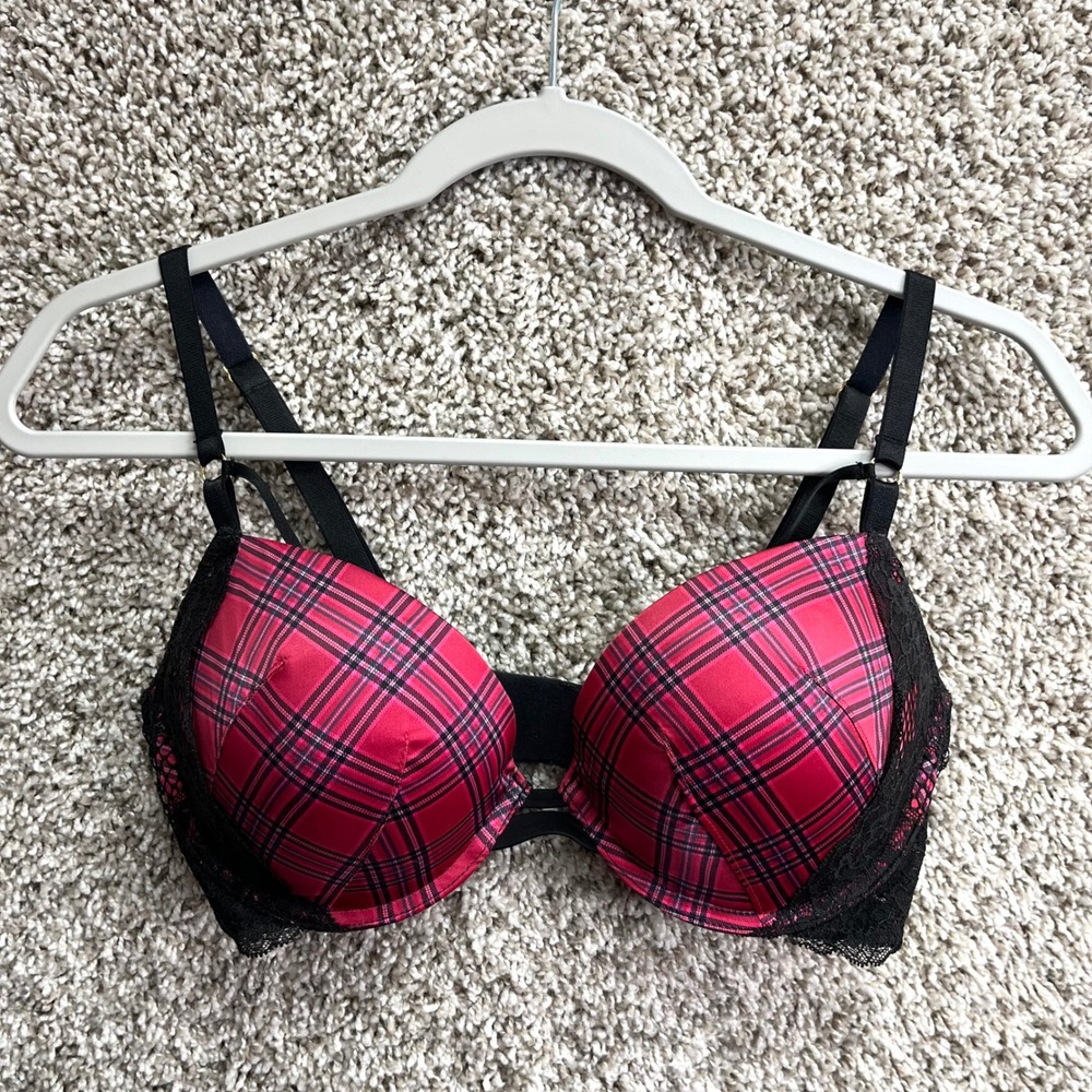 Victoria's Secret Bra Women's 34D Red and Black Plaid Lace Trim Push-Up